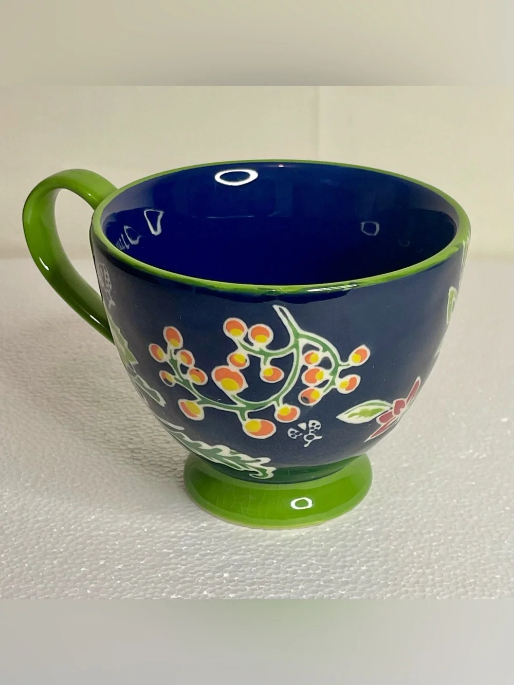 Anthropology Ella Ayaka Decorative Footed Slipware Coffee Cup 12 Oz Blue Green